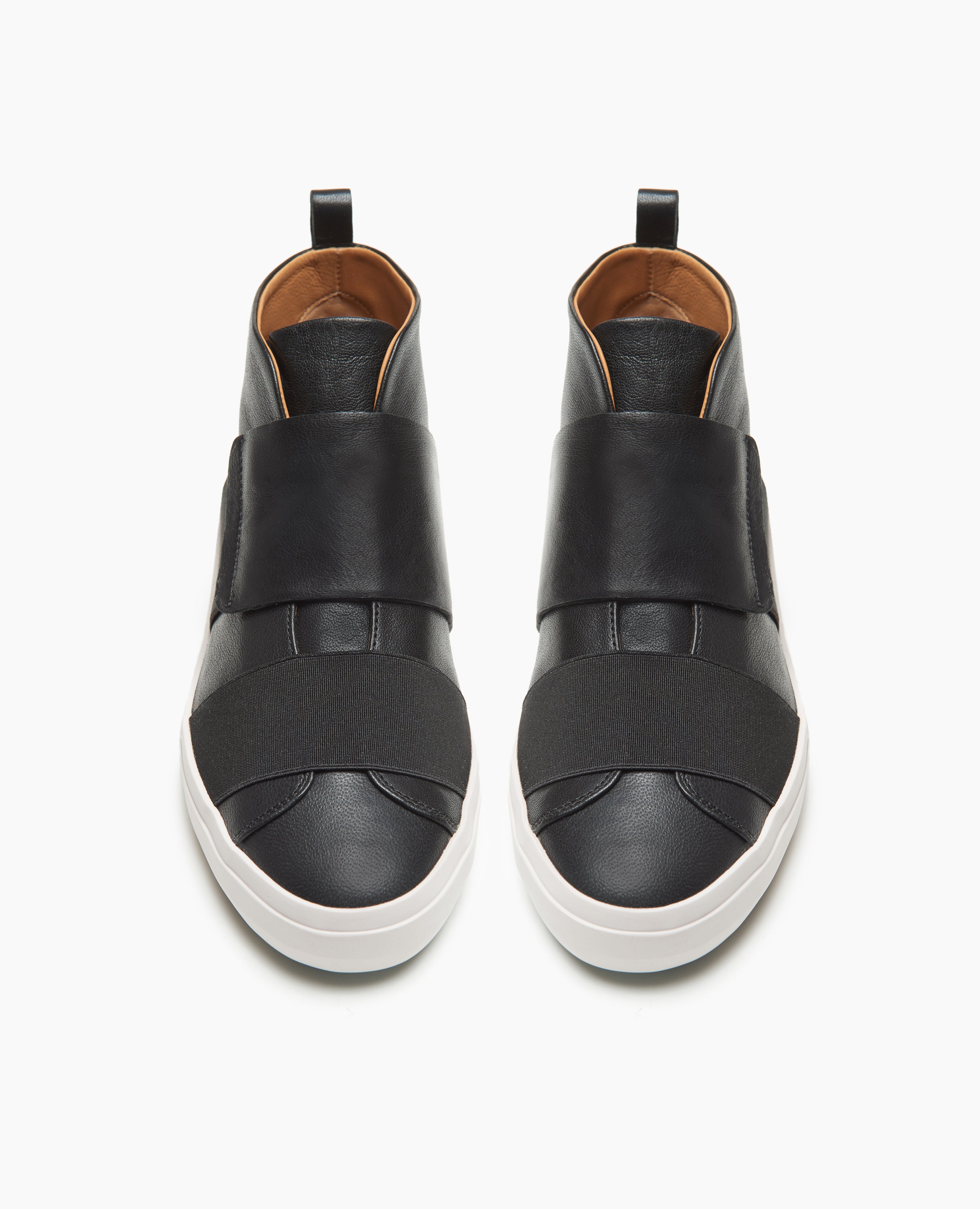 Front view of the Opa High-Top Sneaker in Black: featuring an almond toe shape, elasticated bands in supple, buttery leathers and vegetable tanned linings and covered footbed.