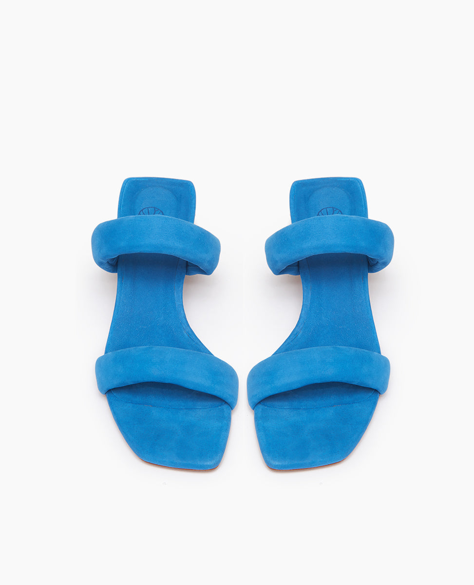 Top view: Coclico Sofiya Heel in Blu Reale nubuck a slide-on sandal with two padded leather straps across foot, angular toe and heel design, low-height solid wood triangular heel.