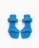 Top view: Coclico Sofiya Heel in Blu Reale nubuck a slide-on sandal with two padded leather straps across foot, angular toe and heel design, low-height solid wood triangular heel. 3