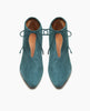 Top view of the Coclico Waffles Boot in Bottle suede, the perfect dress-up bootie featuring a 50mm softly arched solid wood heel, gathered tie at the ankle which reveals top of the foot and a pointed toe. 3