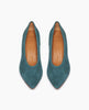 Top view of the Coclico Wumo Heel in Bottle suede, a seasonless slip-on heel with a choked throat line, subtle stichwork and a scultped, oval shaped solid wood heel in a hand-painted chestnut finish. 3
