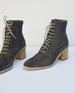 Close up of woman in Coclico Bindi Boot in Anthracite suede - on white table.  8