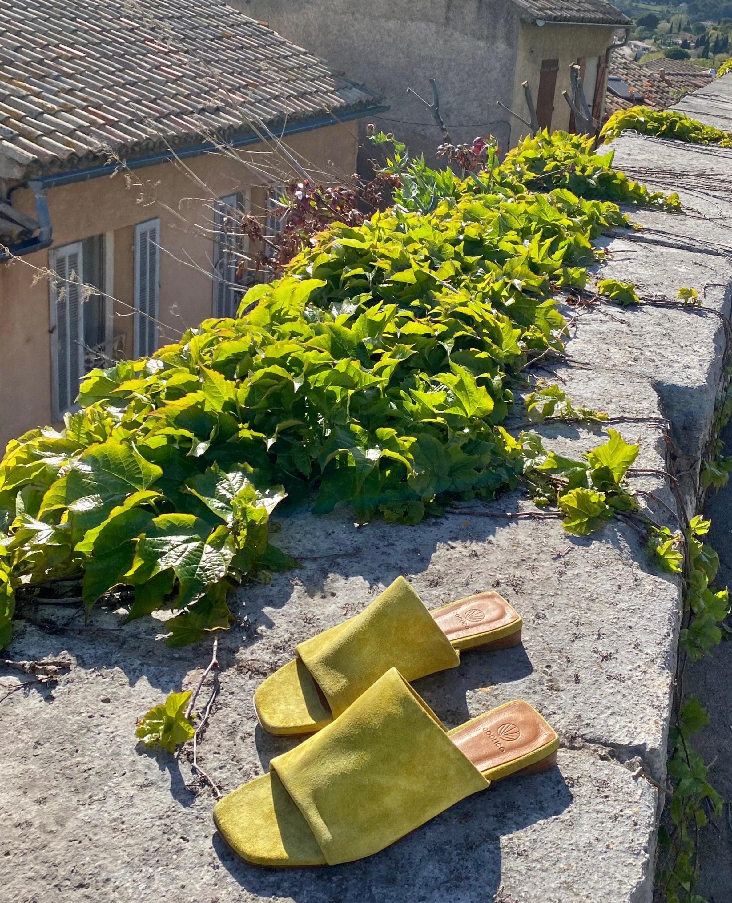 The Ferhana sandals on an ivy covered rooftop edge in France.