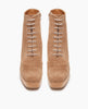 Top view of the Coclico Vanji Clog in Tobacco suede, a lace-up clog featuring a 3.5 inch solid wood heel, leather sole and inside zip closure. 7