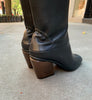 Coclico Kitten Boot in Deep Sea leather, close up of the ruched heel & 75mm solid wood block heel. 2