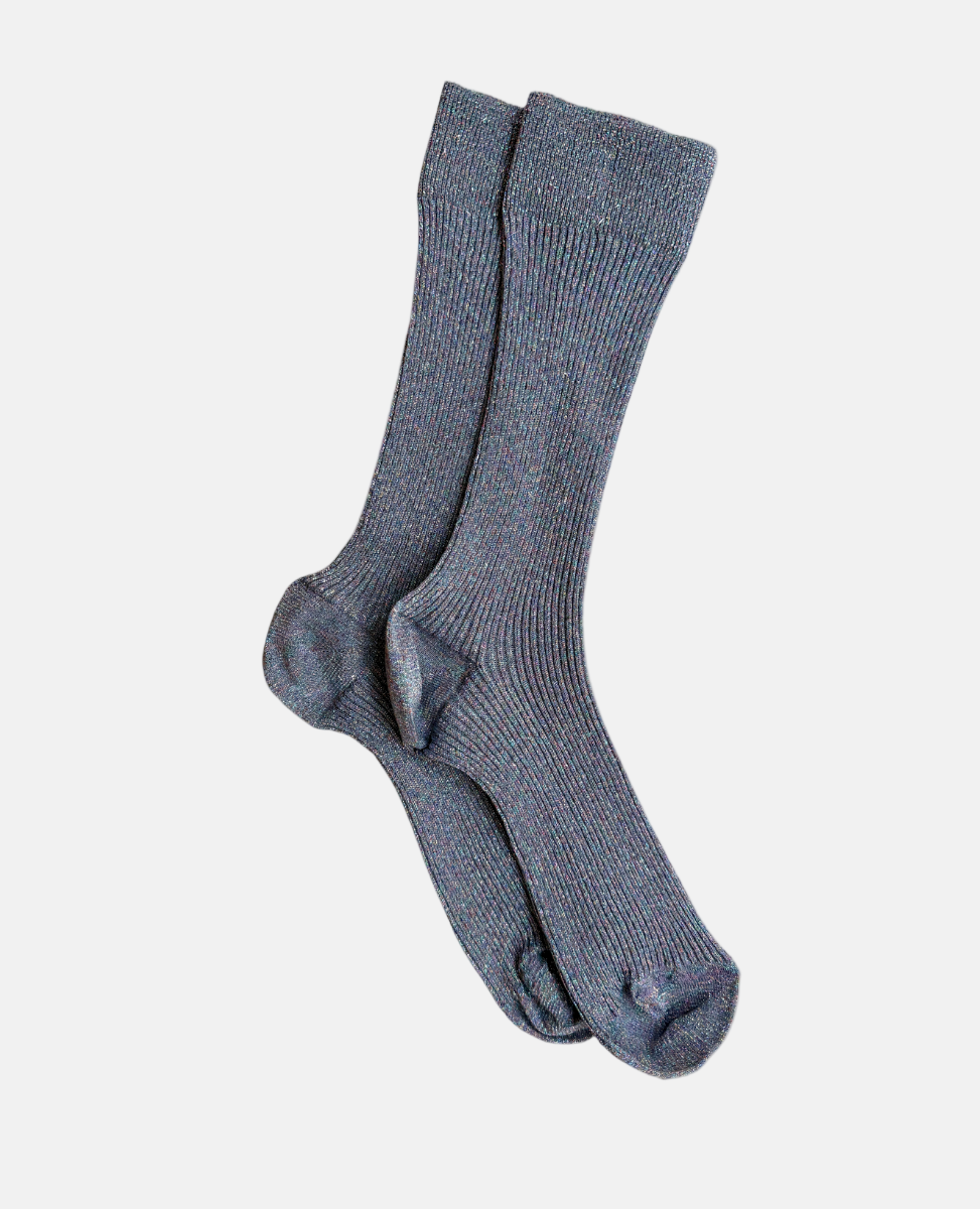 A pair of gray, ribbed, mid-calf socks with a smooth texture and reinforced toe and heel areas.