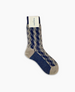 A single sock featuring a zigzag pattern in shades of blue and gray, with a contrasting solid blue heel and toe, made from a soft, knitted fabric. 6