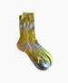 A pair of mid-calf socks with a ribbed texture, featuring a vibrant tie-dye pattern in shades of yellow, gold, and hints of blue, made from a soft, stretchy material. 2