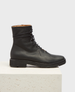 A sleek black leather ankle boot with a smooth texture, featuring a lace-up front, a rounded toe, and a sturdy, flat sole. 1