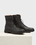 Black leather lace-up boots with a matte finish, featuring a side zipper, round toe, and a sturdy rubber sole. 2