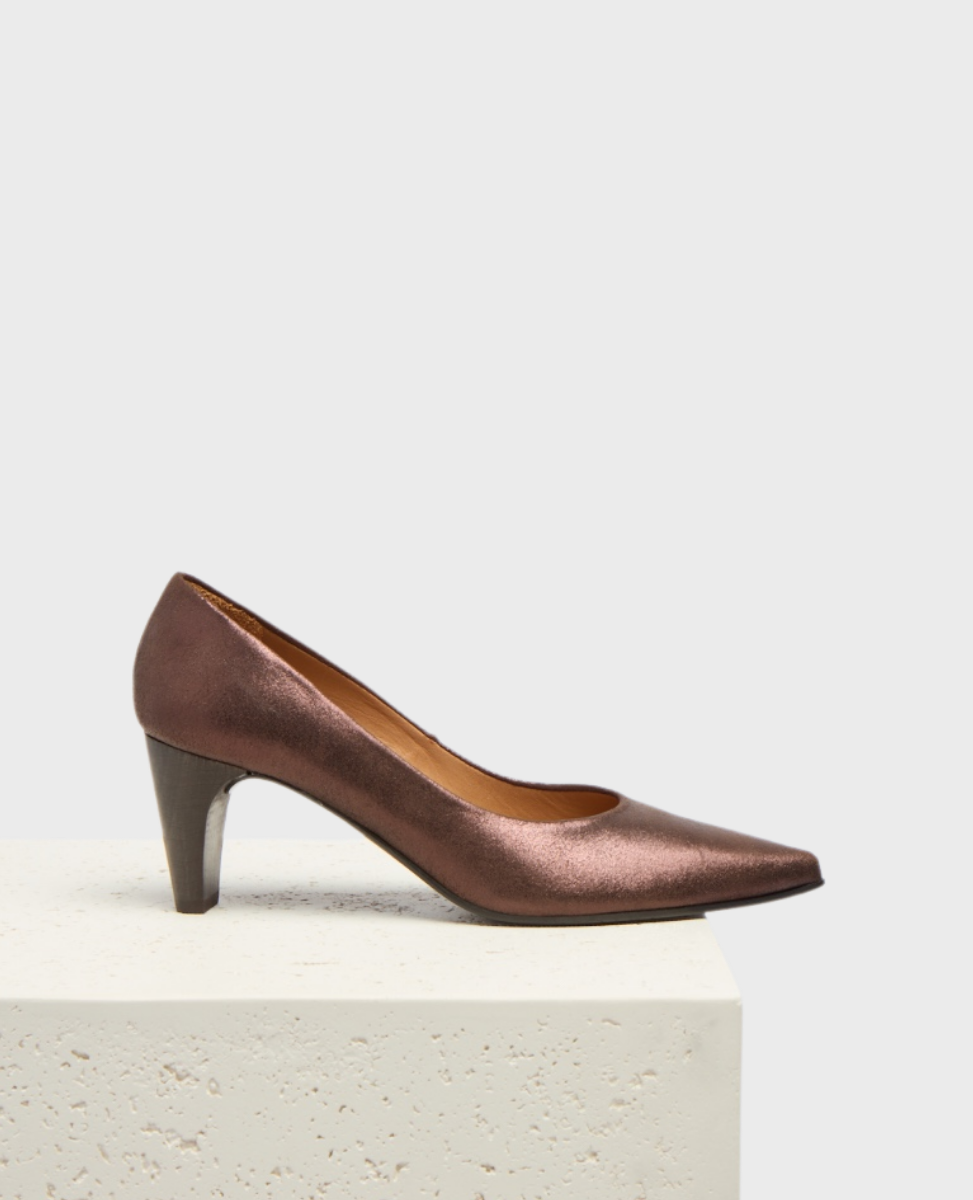 A sleek, metallic brown high-heeled shoe with a pointed toe, smooth texture, and a medium-height stiletto heel, crafted from a glossy material.