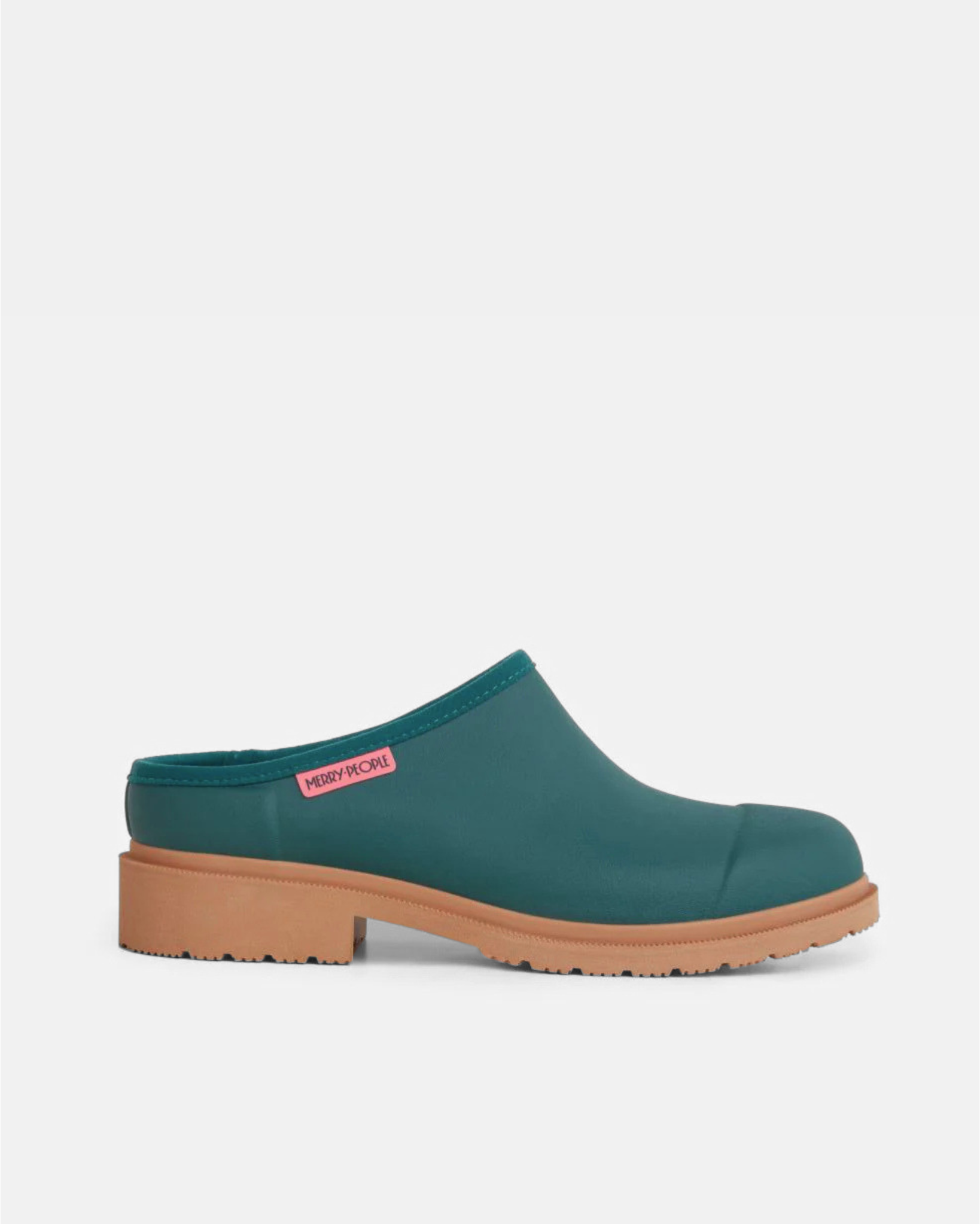 Teal neoprene slide with brown rubber sole against light grey background 