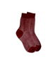 A pair of mid-calf socks with a maroon base color, featuring a fine white pinstripe pattern, solid maroon toes, heels, and cuffs, made from a soft, stretchy fabric. 5