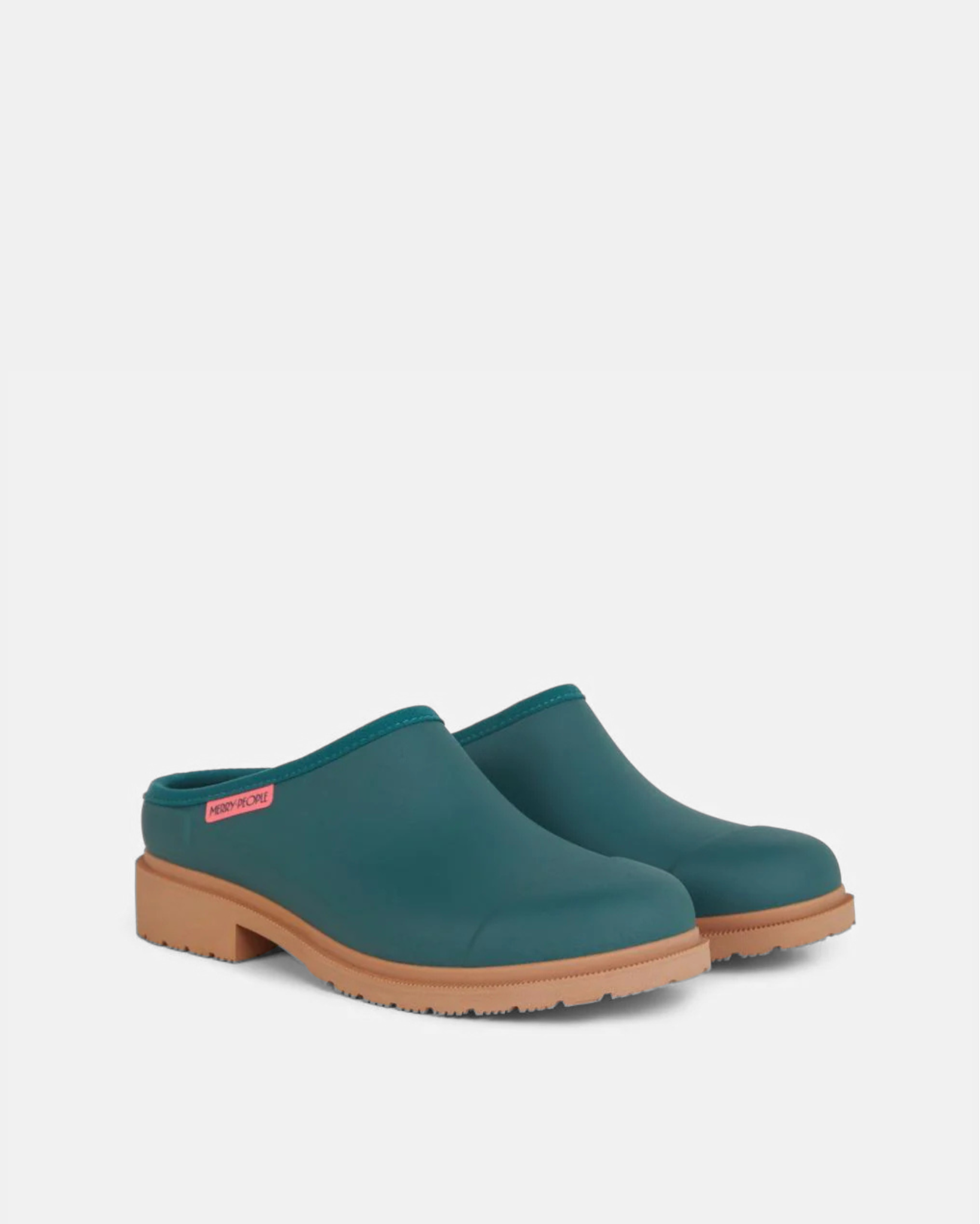 Teal neoprene slide with brown rubber sole against light grey background 