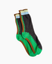 A pair of mid-calf socks featuring a dark gray base with bright green soles and toes, accented by brown and green wavy stripes along the sides, and topped with a light blue and cream band at the cuff. 4