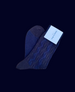 A pair of dark blue, mid-calf length socks featuring a textured, cable-knit pattern on the upper side, smooth toe and heel areas, and a white label attached at the top. 3