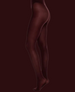 Opaque, burgundy-colored tights with a smooth, form-fitting texture, extending from the waist to the toes, made of a stretchy, nylon-blend material. 1