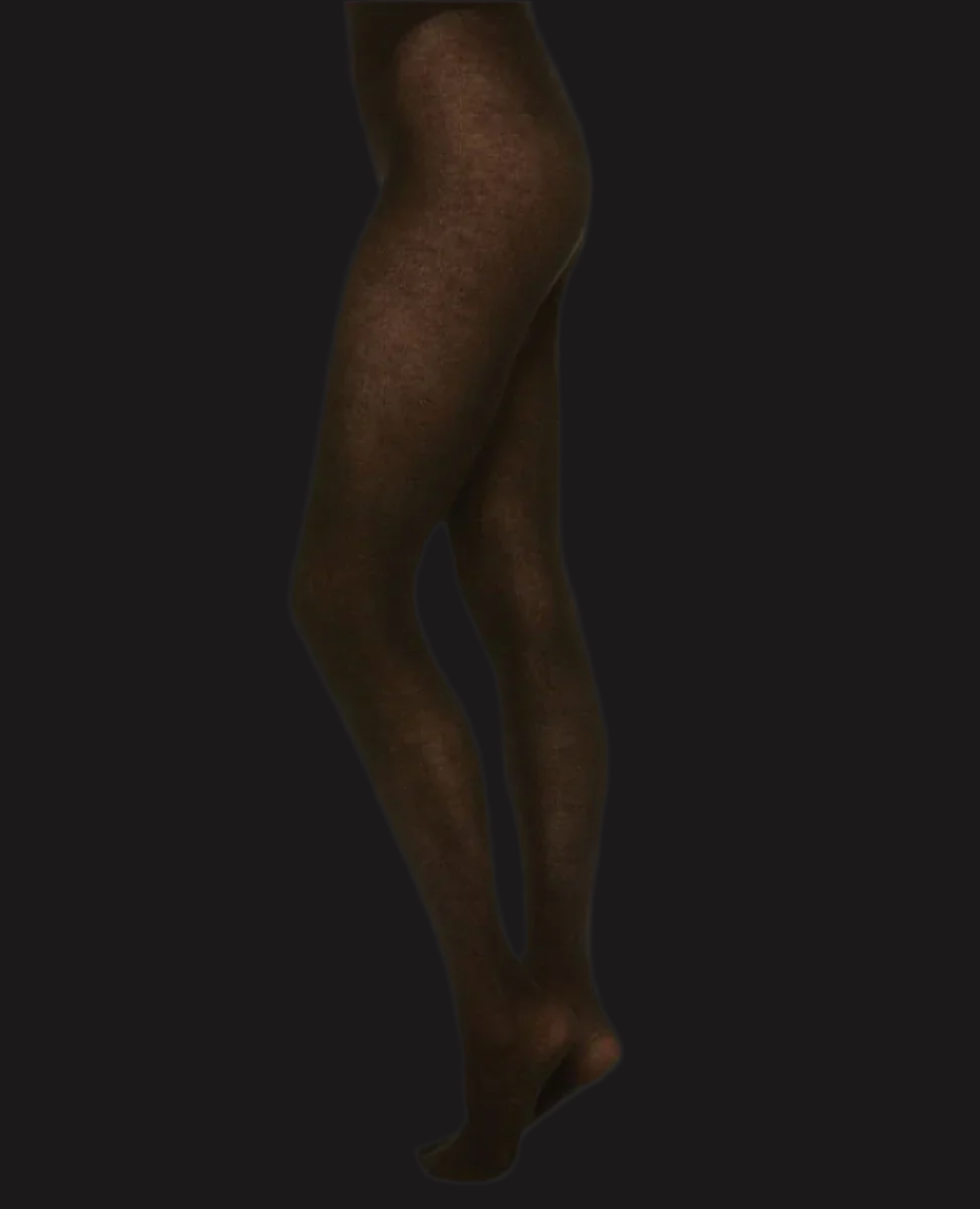 Opaque black tights with a smooth, matte finish, featuring a high waistband and a snug, form-fitting design that extends from the waist to the toes.