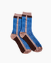 A pair of mid-calf socks featuring a geometric pattern with blue squares and brown vertical stripes, complemented by light pink cuffs, heels, and toes, crafted from a soft, knitted fabric. 3