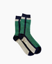 A pair of mid-calf socks featuring a green body with a textured pattern, accented by navy blue and cream stripes at the top, heel, and toe, made from a soft, knitted fabric. 2