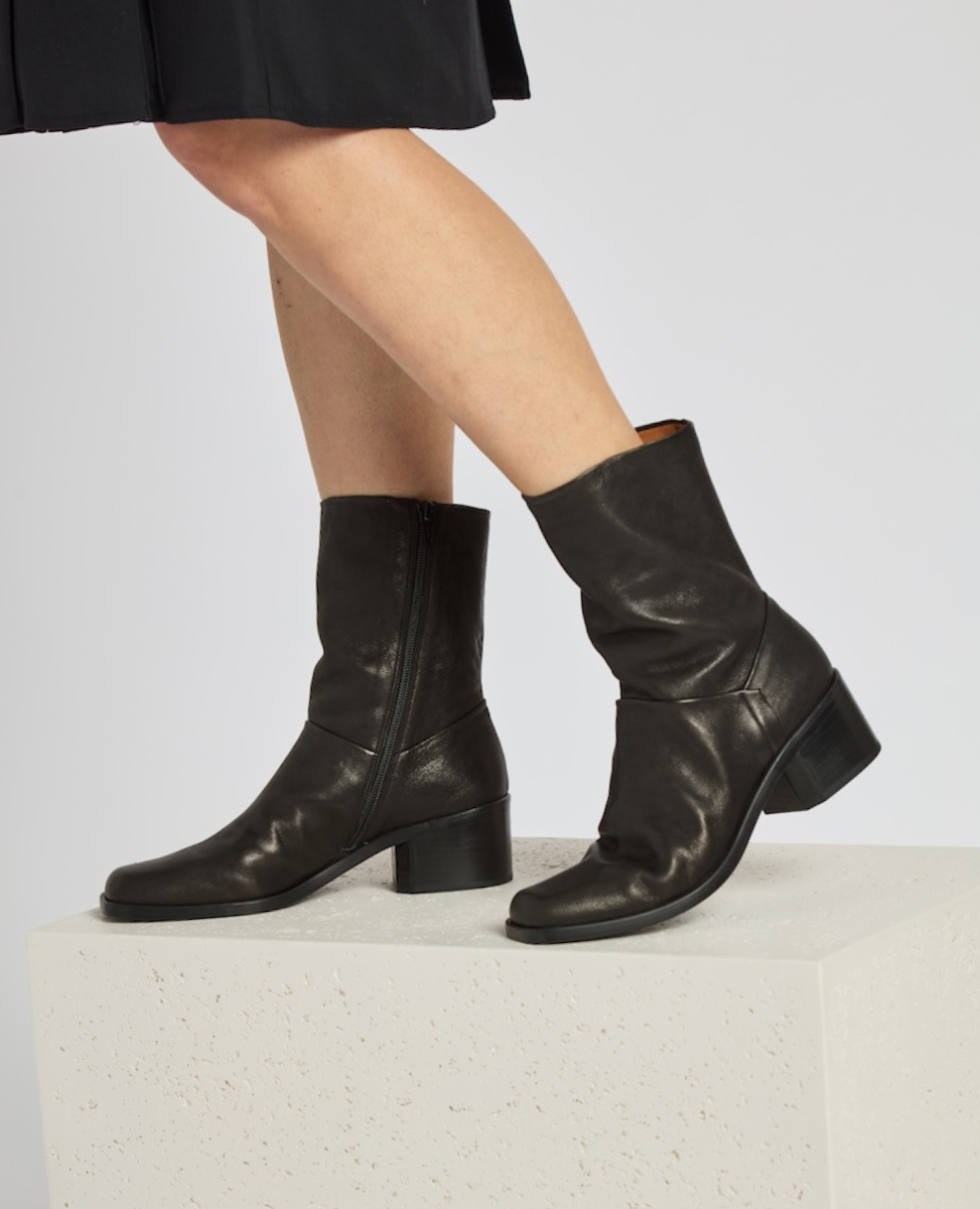 Black mid-calf leather boots with a side zipper, a slightly rounded toe, a chunky low heel, and a smooth, matte finish.