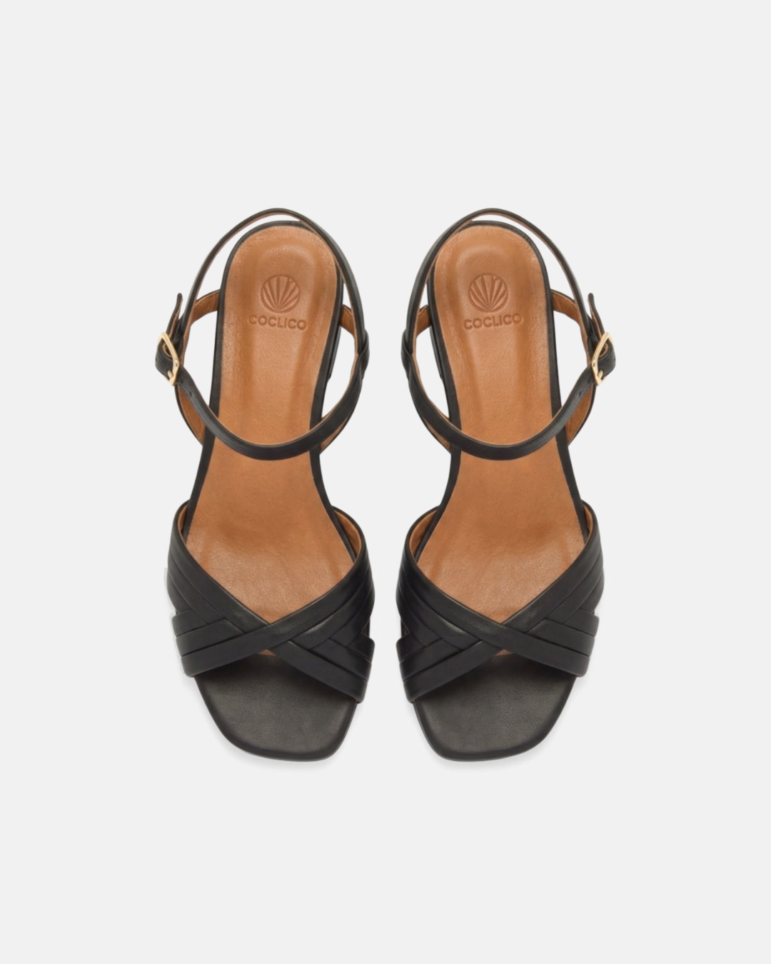Top view of a black leather flat sandal with slim crisscross toe straps, buckle quarter strap, and square toe, on a pale grey background.