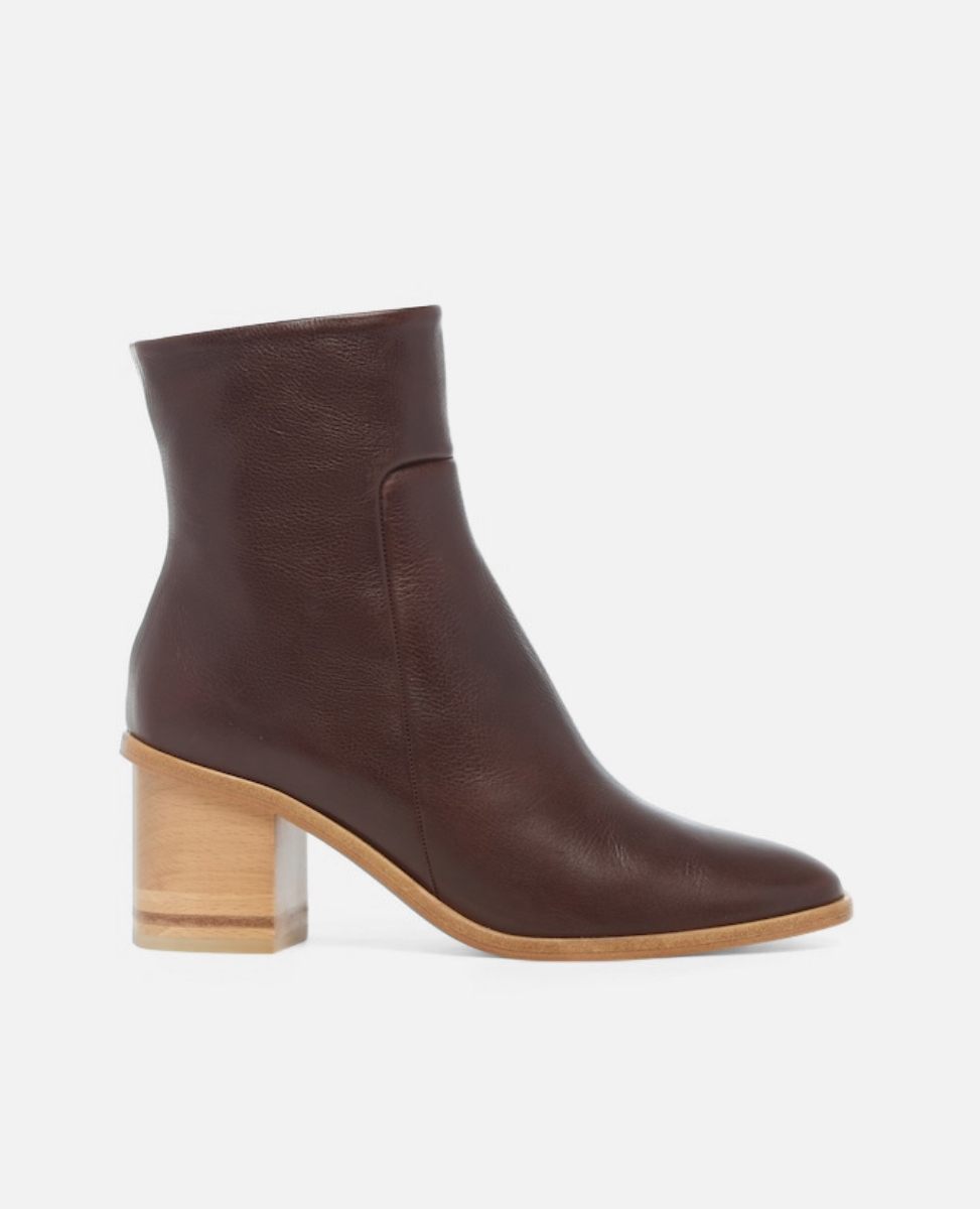 Brown ankle boot with wooden block heel on a white background