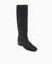 A tall, black leather boot with a smooth texture, a squared toe, a low block heel, and a sleek, minimalist design. 7