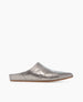 A sleek, metallic silver mule with a pointed toe, flat sole, and smooth, shiny leather texture. 5