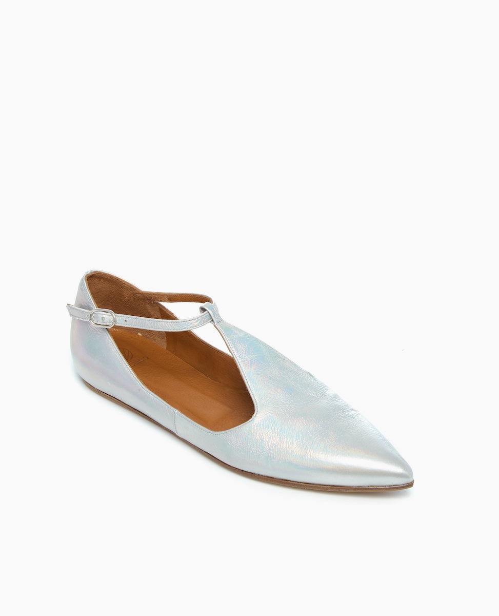 A sleek, silver, pointed-toe flat shoe with a smooth, shiny texture, featuring a thin ankle strap and a low-profile design.