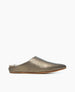 A sleek, metallic bronze slipper with a pointed toe, flat sole, and plush interior lining, featuring a smooth, leather-like texture. 4