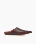 A sleek, brown leather slipper with a pointed toe, featuring a soft pink interior lining and a thin, flat sole. 3