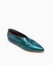 A sleek, metallic teal flat shoe with a pointed toe, smooth leather texture, and a low-profile design. 3