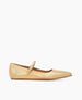 A sleek, gold-colored flat shoe with a pointed toe, featuring a smooth, shiny texture and a thin strap with a small buckle across the top. 3