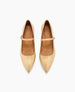 A pair of elegant, pointed-toe, gold-colored Mary Jane shoes with a smooth, shiny texture, featuring a single strap with a small buckle across the top. 4