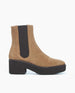 A tobacco split suede ankle boot with a black elastic side panel, an EVA platform sole, and a rounded toe. 6