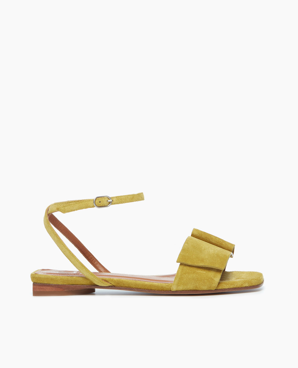 Side view of the Frances Sandal in Certosa with an architectural loop and fastened at the ankle with a slim strap and buckle closure.