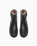 Black ankle boots with a smooth leather exterior, blue trim around the sole, a rounded toe, and a plush, fur-lined interior. 4