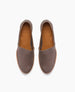 A pair of slip-on shoes with a smooth, taupe leather upper, tan leather insole, and light brown sole, featuring a rounded toe and minimalistic design. 5