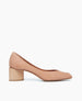 Side view of the Icy Pump in Fawn Nubuck with its solid, architectural block wood heel. 1