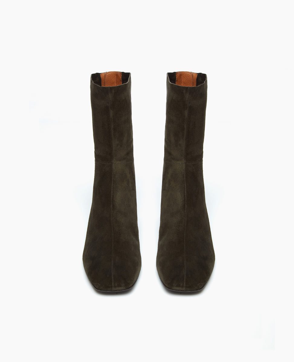 Front view of the Ida Boot in Mimetico split suede: featuring a modern square toe with a higher shaft and solid wood sculptural block 52mm heel. 