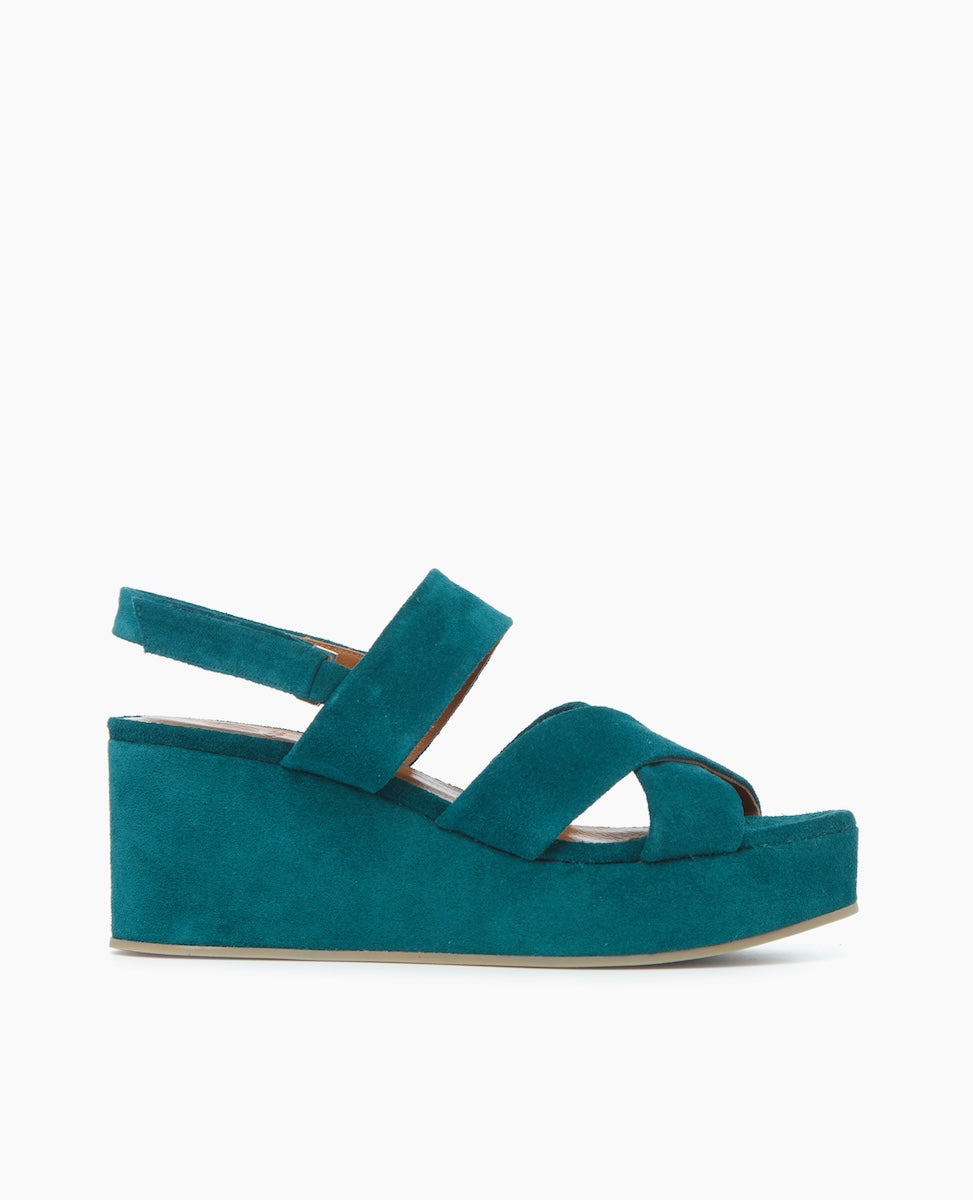 the Lacine Wedge sandal in Azure split suede, side view