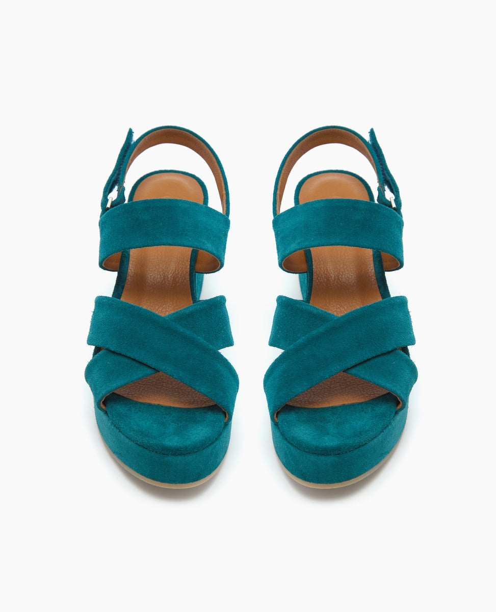 the Lacine Wedge sandal in Azure split suede, top view