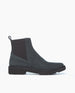 A sleek, deep sea split suede ankle boot, featuring a squared toe, elastic side panels for easy slip-on access, a pull tab at the back, and a rubber sole. 5