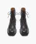 A pair of black leather lace-up boots with a sleek design and side zippers, displayed against a white background. 8