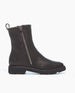 A black, mid-calf leather boot with a side zipper, a pull tab at the back, a squared toe, and a rubber sole. 5