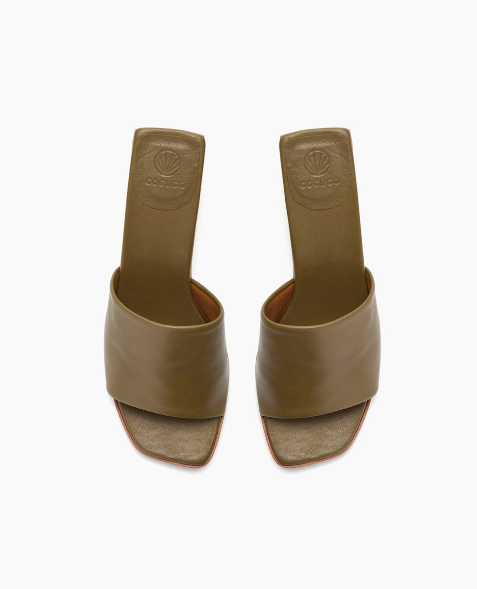 Olive green, open-toe sandals with a wide strap, square toe, and a smooth leather finish.