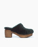 A Hunter Green Shearling clog with a wooden platform heel and a rounded toe. 7
