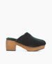 A Hunter Green Shearling clog with a wooden platform heel and a rounded toe. 4