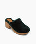 A dark green, plush, fur-lined clog with a wooden sole and a chunky heel. 5